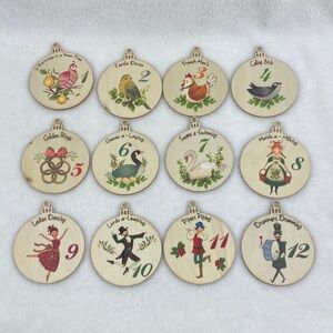 Folk Art The 12 Days of Christmas Balsa Wood Christmas Ornaments 3”